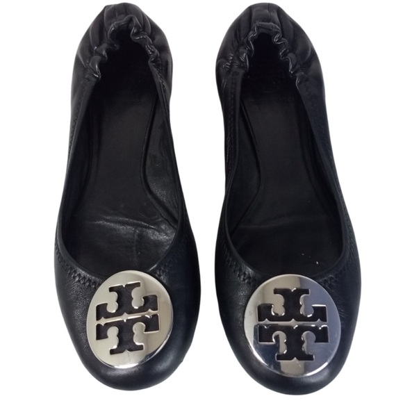 TORY BURCH Black Ballet Flats with Silver insignia  Size 7 - Picture 1 of 14